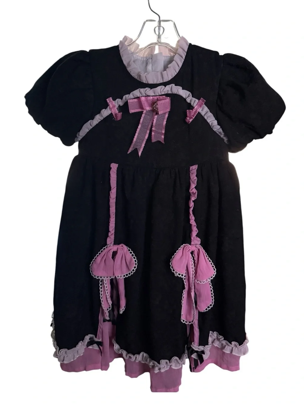 Vintage Black Pink Ruffle Puff Sleeve Girls Party Dress